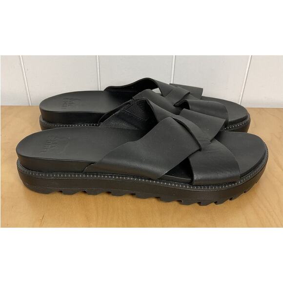 Sorel Women's Cameron Platform Slide Sandals Slip On 100% Black Leather Size 9 - Picture 4 of 6